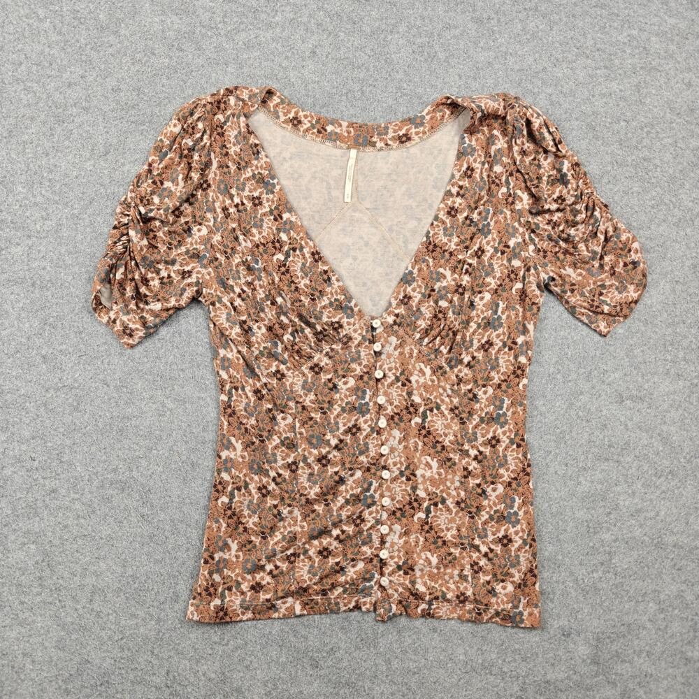 Free People Shirt Womens Medium Brown Floral Jersey Button-Up Puff Sleeve